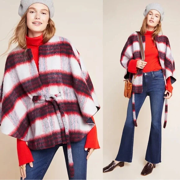 ANTHROPOLOGIE NWT Blue Plaid Brushed Wool Johanna Capelet Poncho Belted Cape OS
